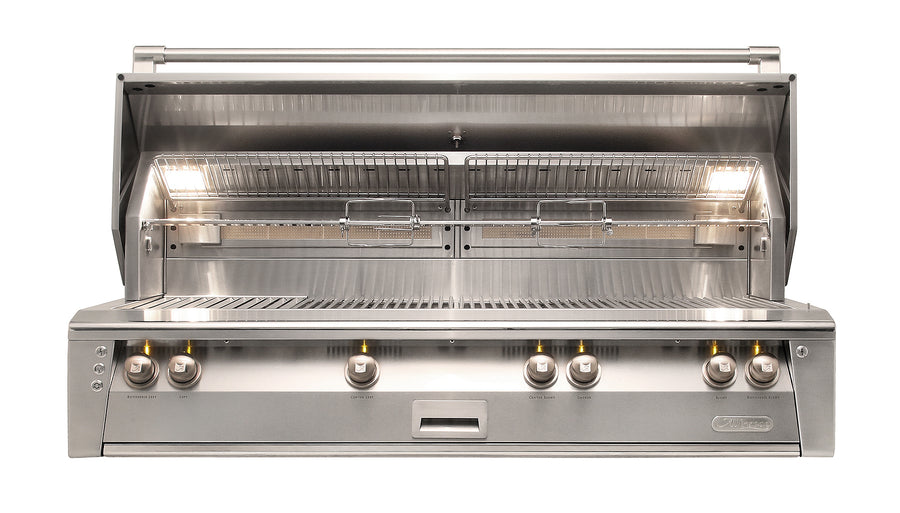 Stainless steel grill with open lid on a white background | American Fire BBQ & Grilling Supply