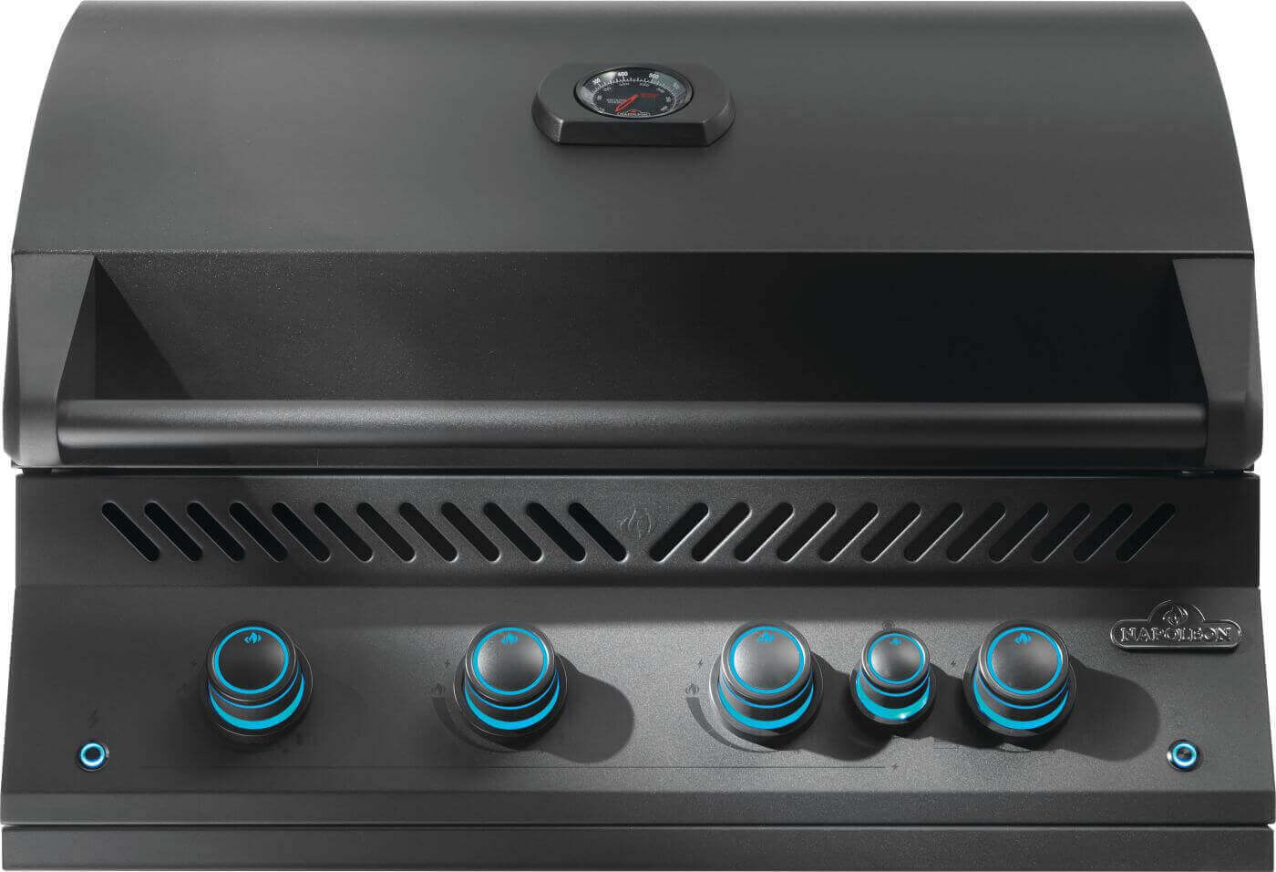 built-in gas grill with infrared burner, featuring four control knobs and a sleek matte black design.
