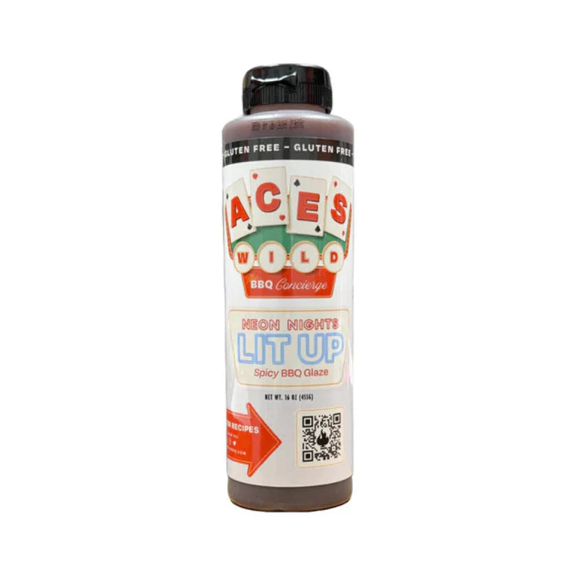 Aces Wild Neon Nights Lit Up Spicy BBQ Glaze bottle, perfect for adding flavor to your dishes, cooking, and grilling.