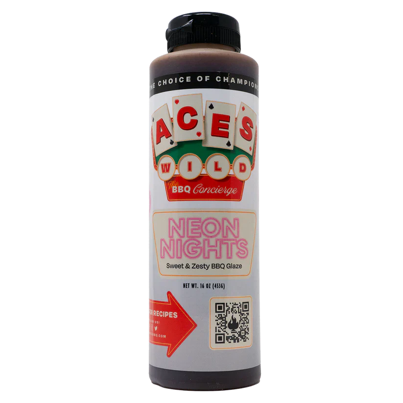 Aces Wild Neon Nights Sweet & Zesty BBQ Glaze bottle with vibrant label showcasing sweet zesty BBQ glaze.