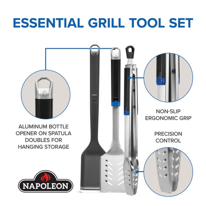 Napoleon 3-Piece Starter Tool Set includes stainless steel grilling tool set for grilling with ergonomic handles.