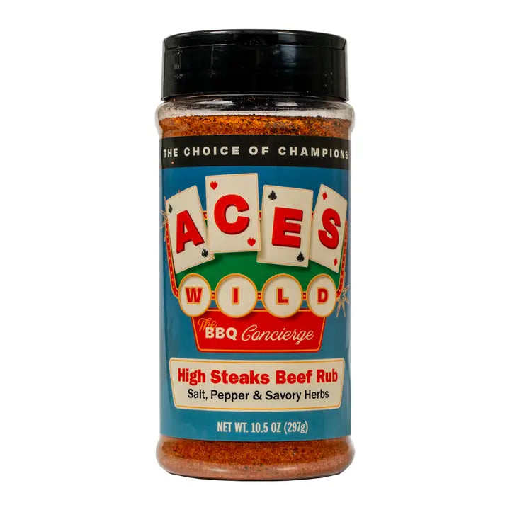 Aces Wild High Steaks Beef Rub, a perfect beef rub for grilling with salt, pepper, and savory herbs.