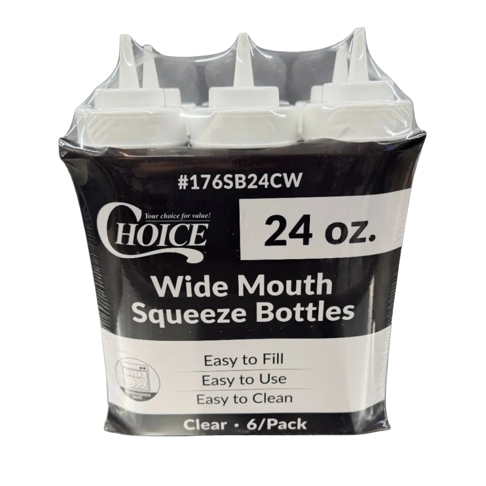 Packaging of Choice wide mouth squeeze bottles with a label on a reflective surface.
