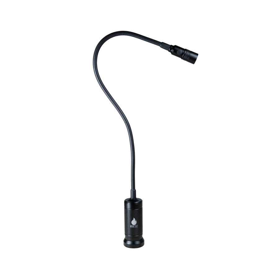 A black magnetic LED grill light with a long flexible gooseneck and a magnetic base for repositioning.