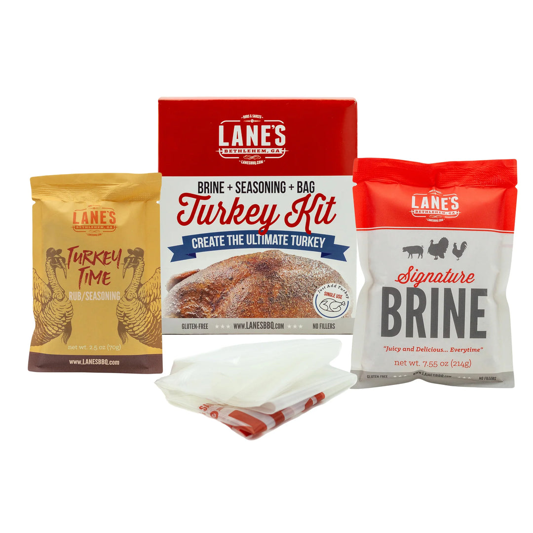 Lane’s Turkey Brine Kit with brine mix, Turkey Time rub, and brine bag for juicy, flavorful holiday turkey.