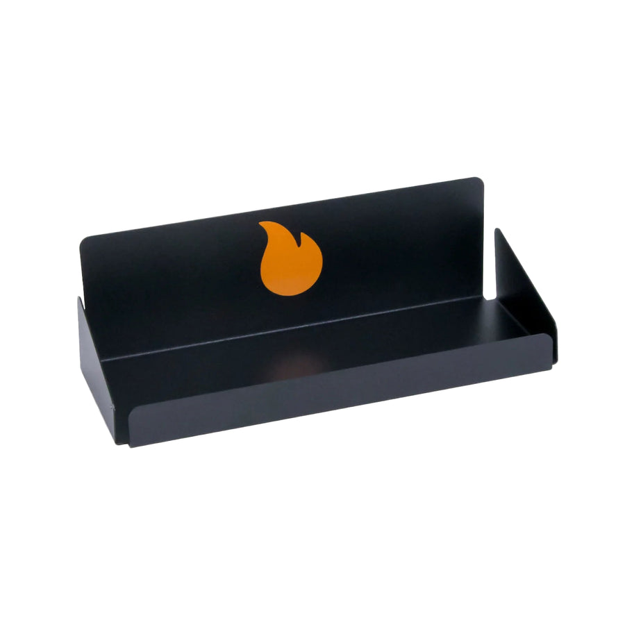 Black metal shelf with orange flame logo on a white background