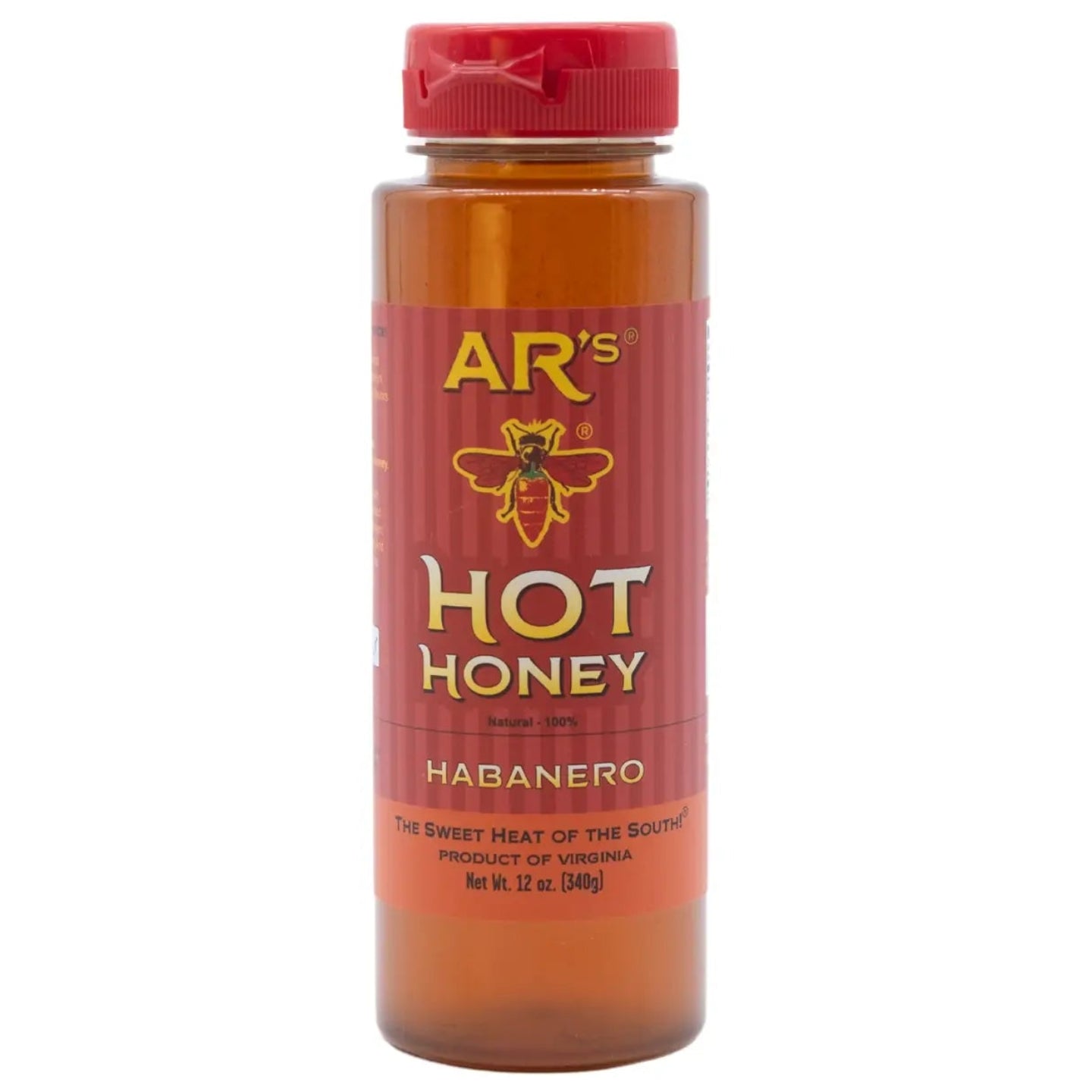 A 12 oz bottle of AR's Hot Honey Habanero honey, featuring a red label and a red cap, set against a plain white background.